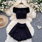 Off-shoulder Top & Lace-up Shorts 2Pcs
