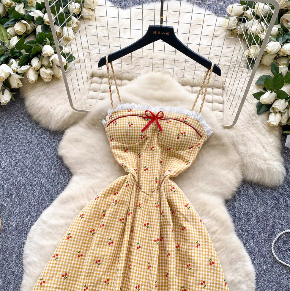 Sweetie Lace Trim Plaid Slip Dress