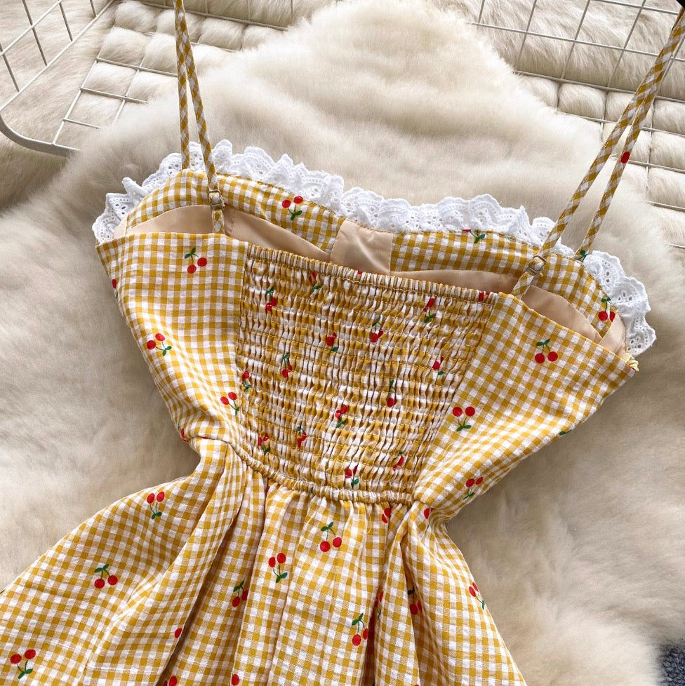Sweetie Lace Trim Plaid Slip Dress