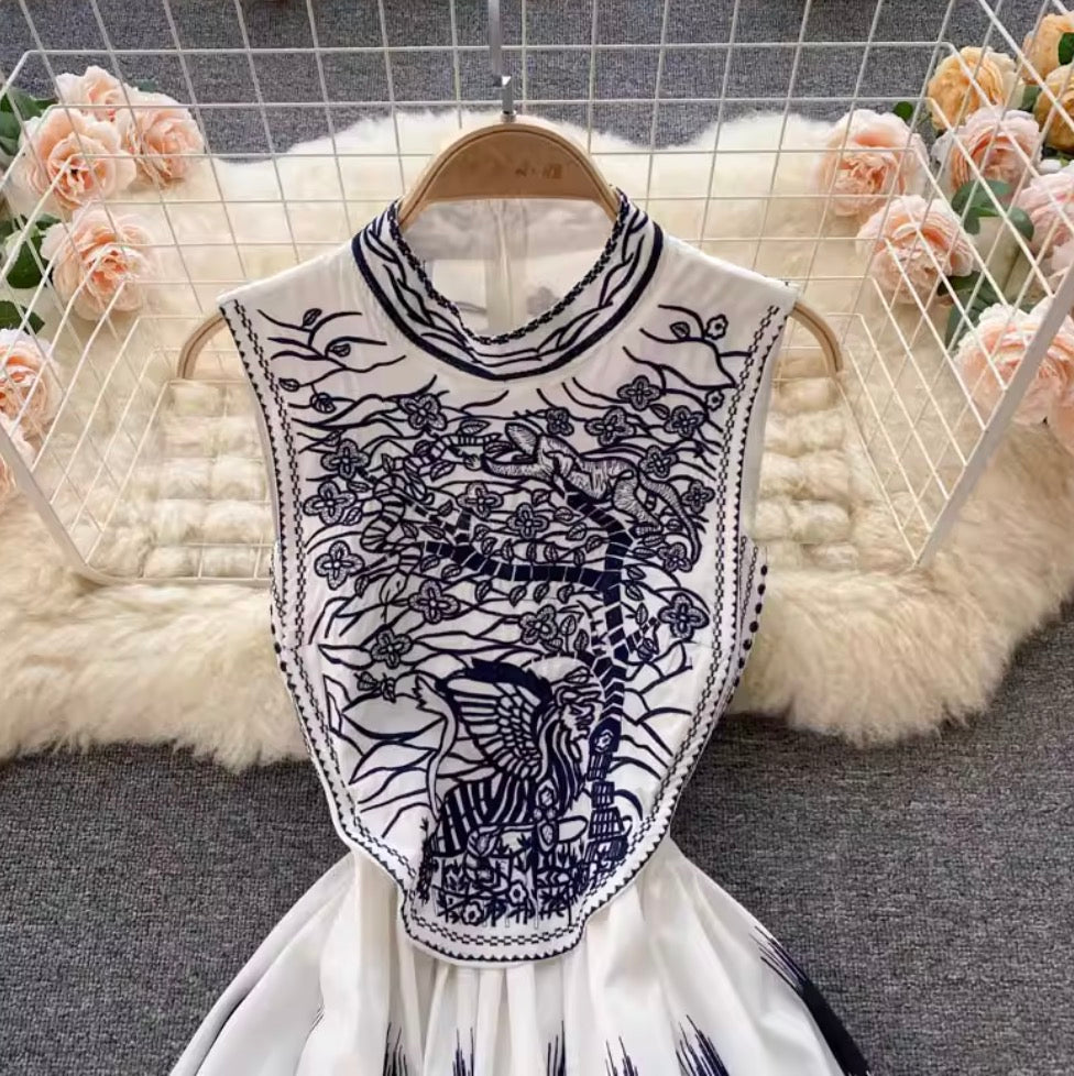 Courtly Embroidered Sleeveless Dress