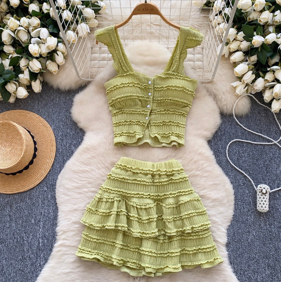 Chic Ruffled Camisole & Skirt 2Pcs