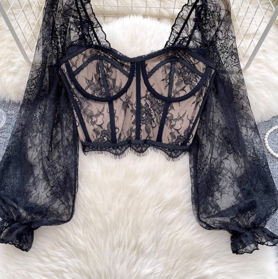 Midriff-baring Black Lace Top