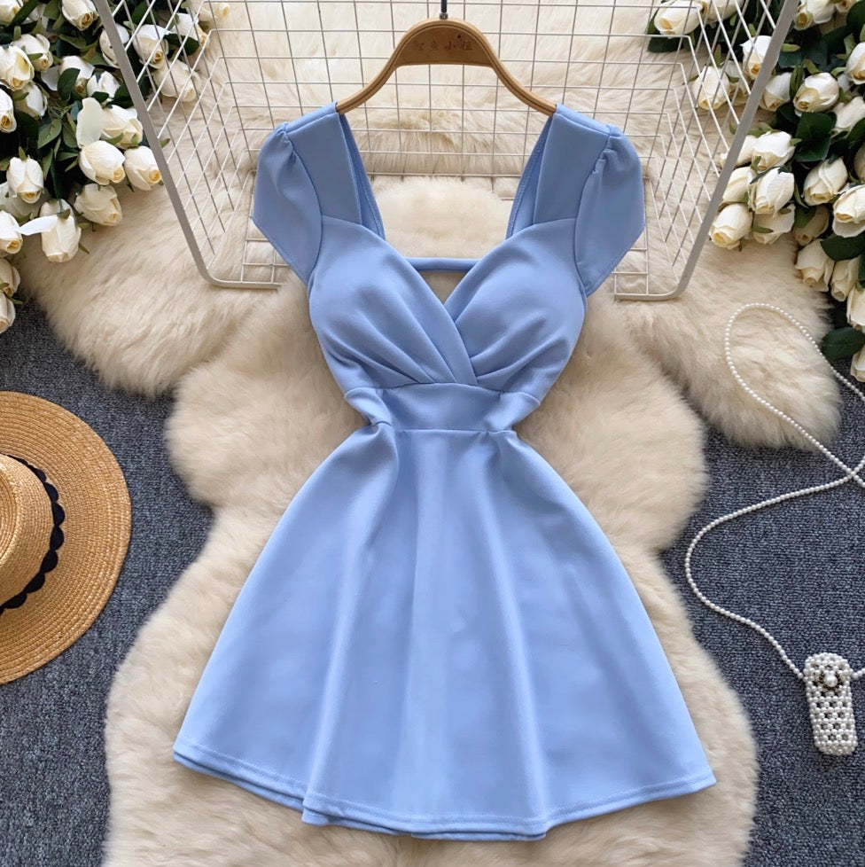 V-neck Hollowed Solid Color Dress