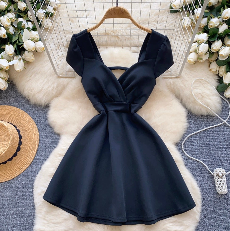 V-neck Hollowed Solid Color Dress