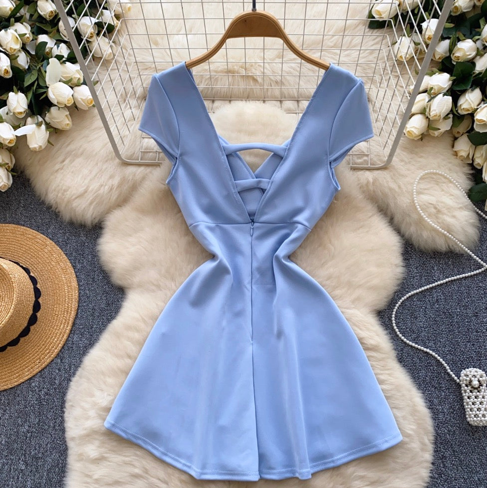 V-neck Hollowed Solid Color Dress