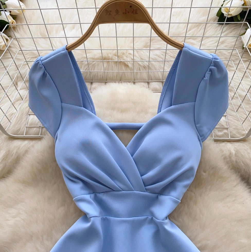 V-neck Hollowed Solid Color Dress