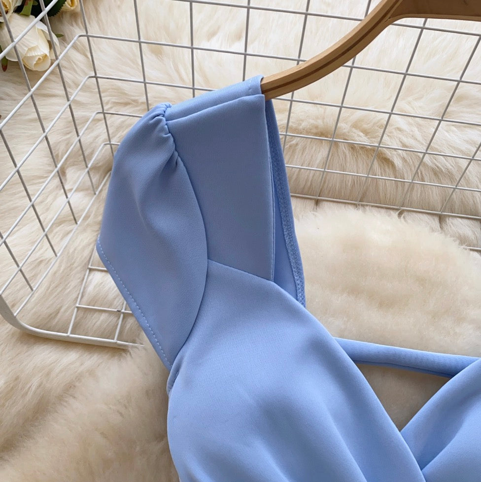 V-neck Hollowed Solid Color Dress
