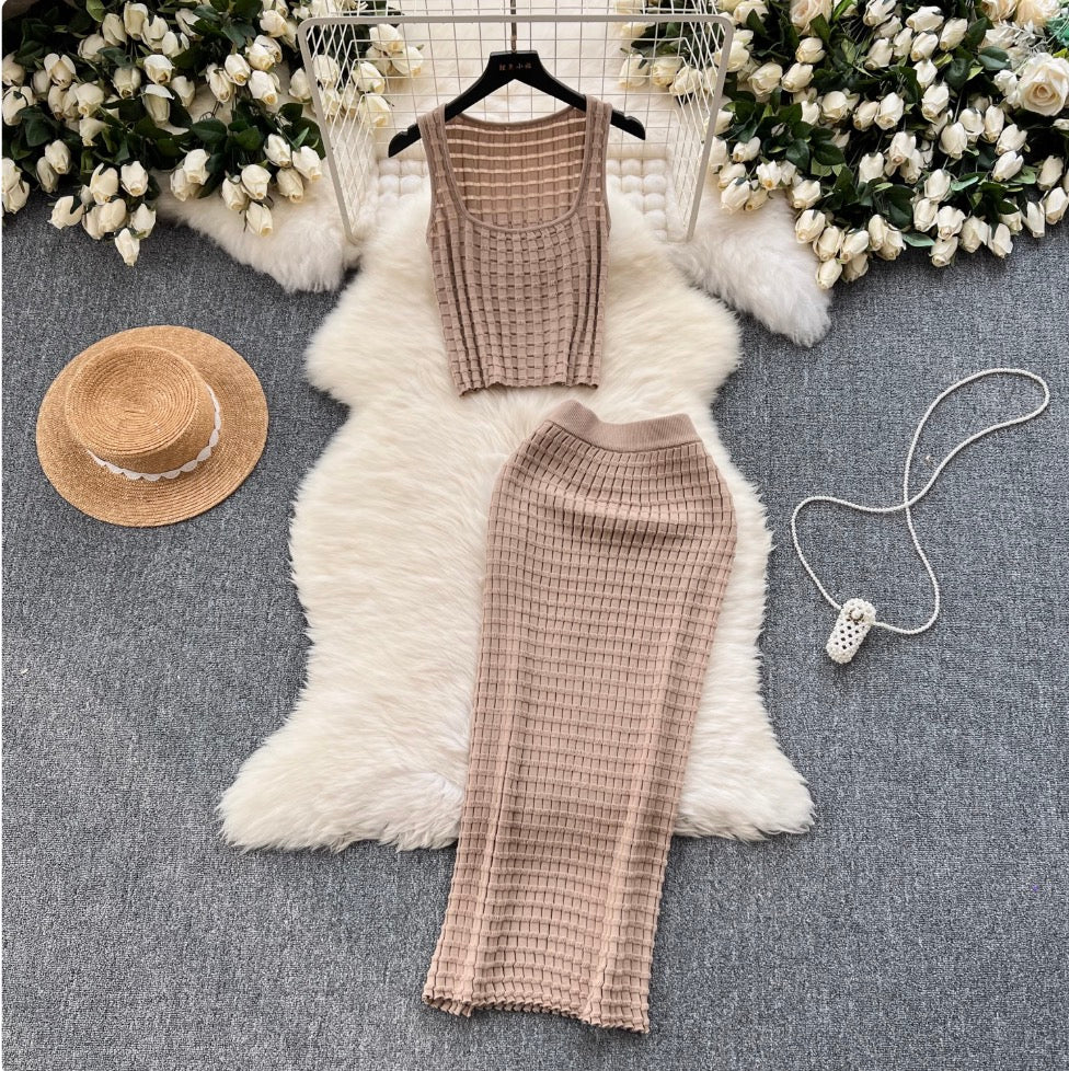 Plaid Knit Camisole & Skirt 2Pcs