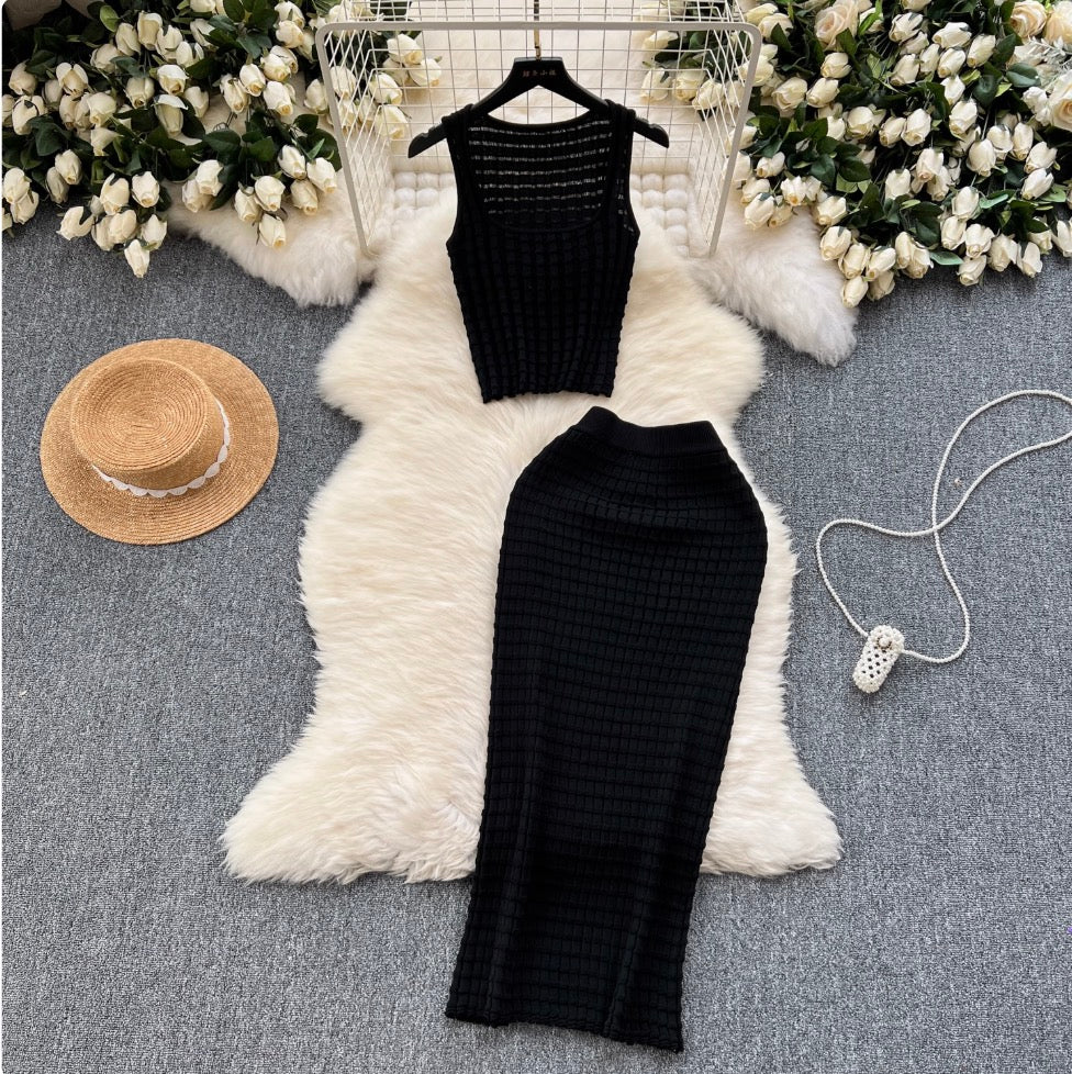 Plaid Knit Camisole & Skirt 2Pcs