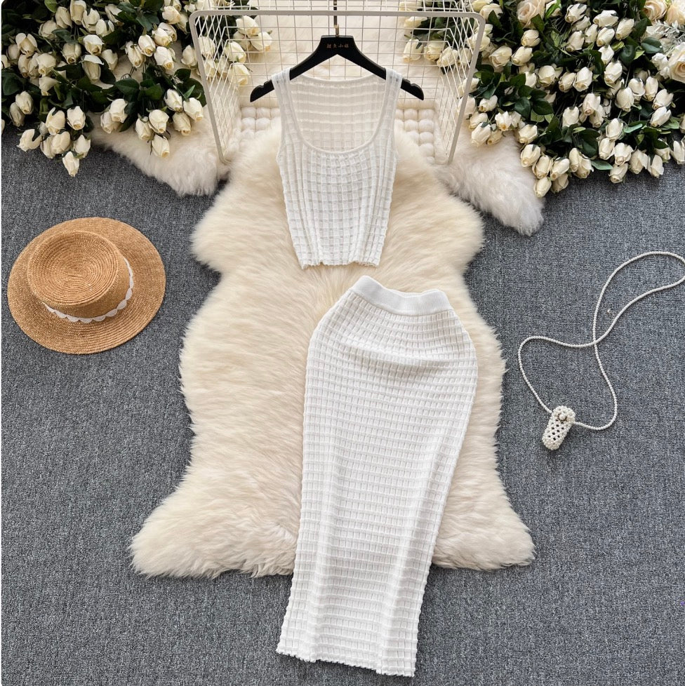 Plaid Knit Camisole & Skirt 2Pcs