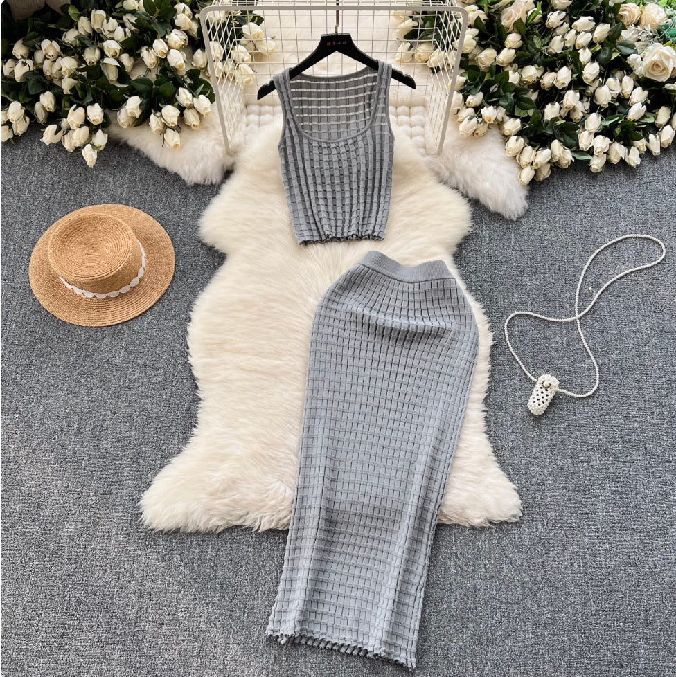 Plaid Knit Camisole & Skirt 2Pcs