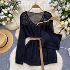 V-neck Hollowed Knitwear & Camisole 2Pcs