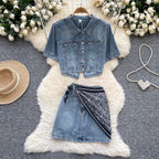 Casual Denim Shirt & A-line Skirt 2Pcs