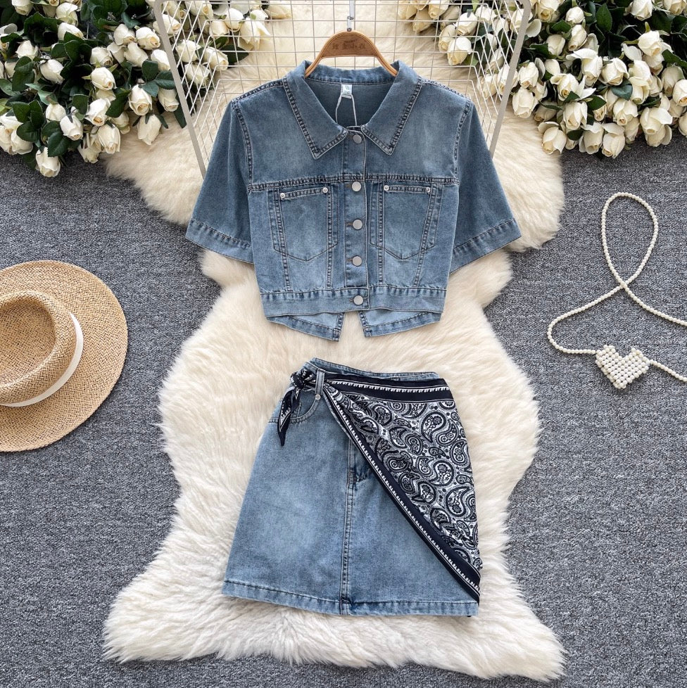 Casual Denim Shirt & A-line Skirt 2Pcs