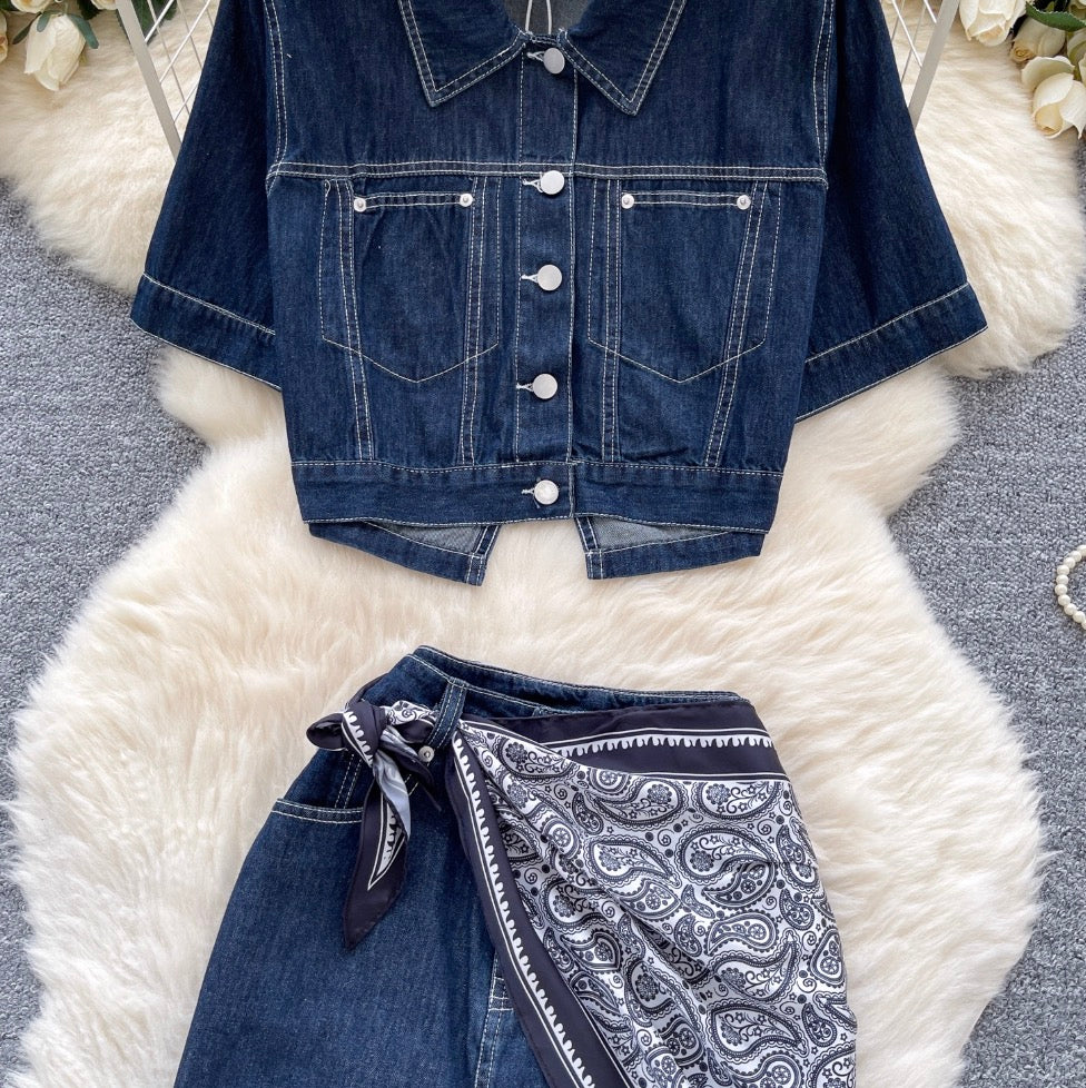 Casual Denim Shirt & A-line Skirt 2Pcs