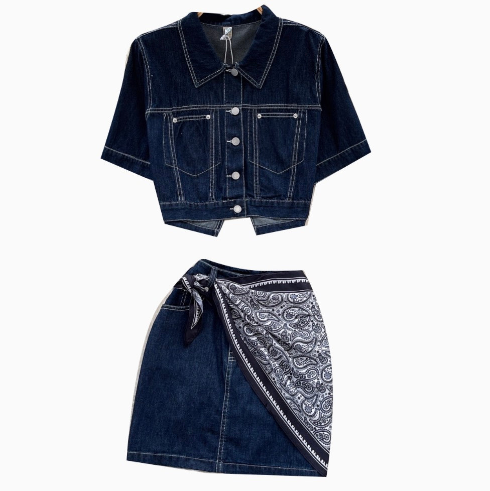 Casual Denim Shirt & A-line Skirt 2Pcs