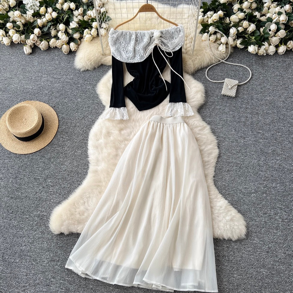 Off-shoulder Top & Mesh Skirt 2Pcs