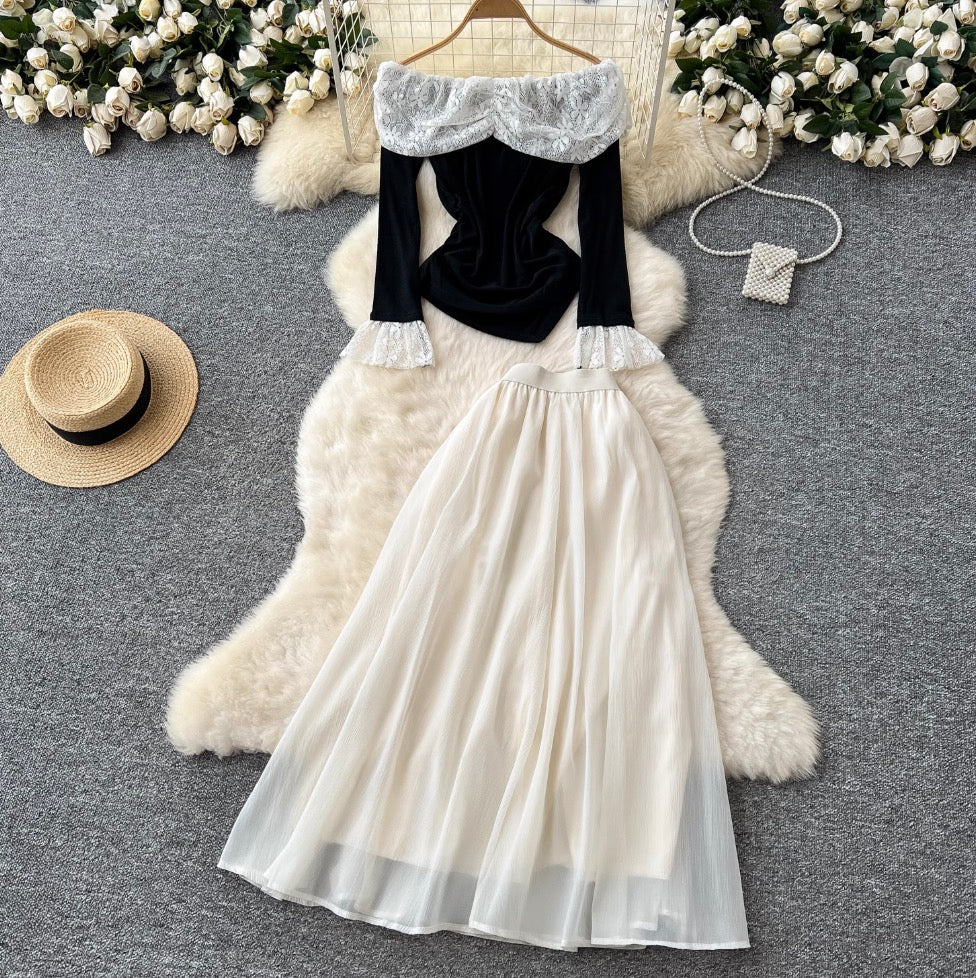 Off-shoulder Top & Mesh Skirt 2Pcs