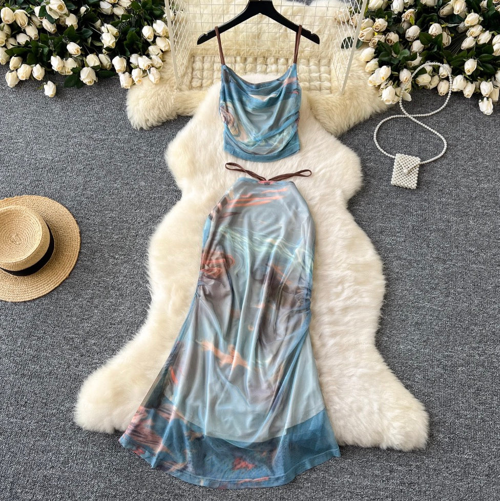 Pleated Vest & Slim Skirt Printed 2Pcs