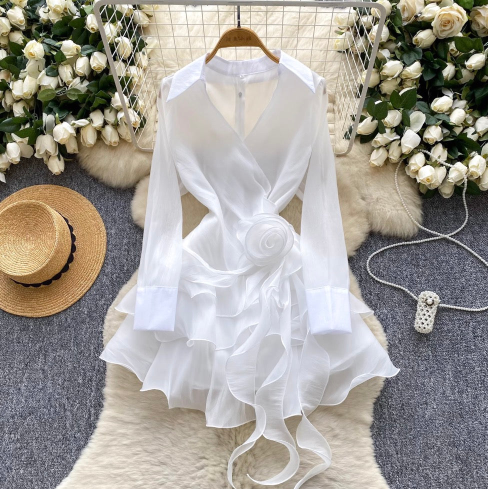 V-neck 3D Ruffled Shirt Dress