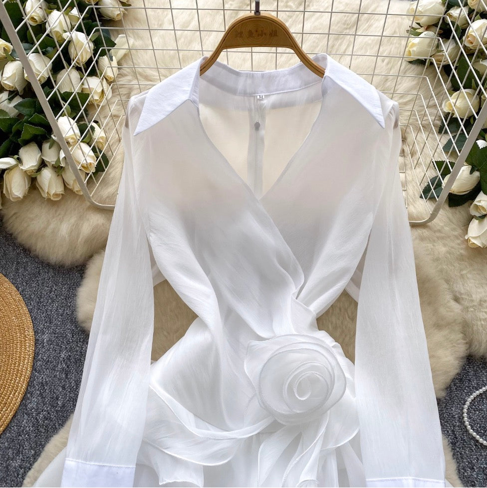 V-neck 3D Ruffled Shirt Dress