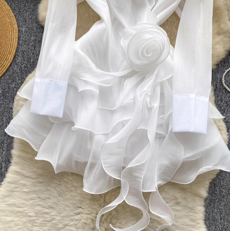V-neck 3D Ruffled Shirt Dress