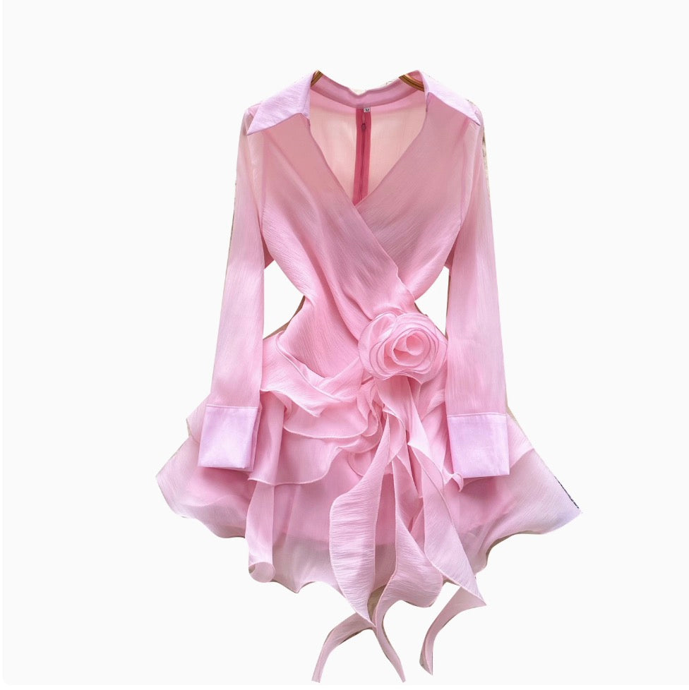 V-neck 3D Ruffled Shirt Dress