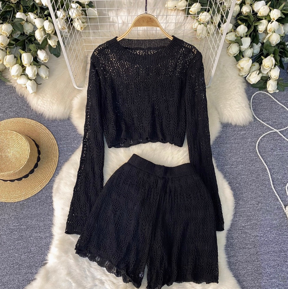Striped Hollowed Knitwear & Shorts 2Pcs