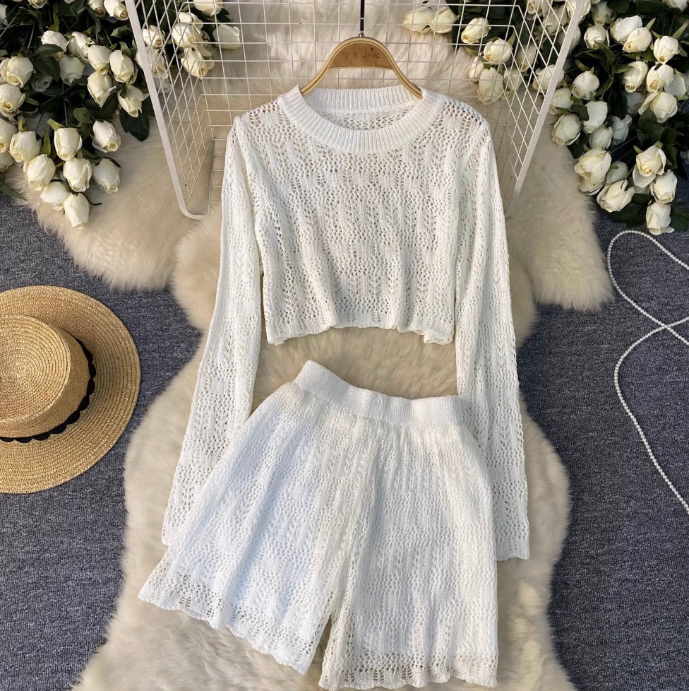 Striped Hollowed Knitwear & Shorts 2Pcs