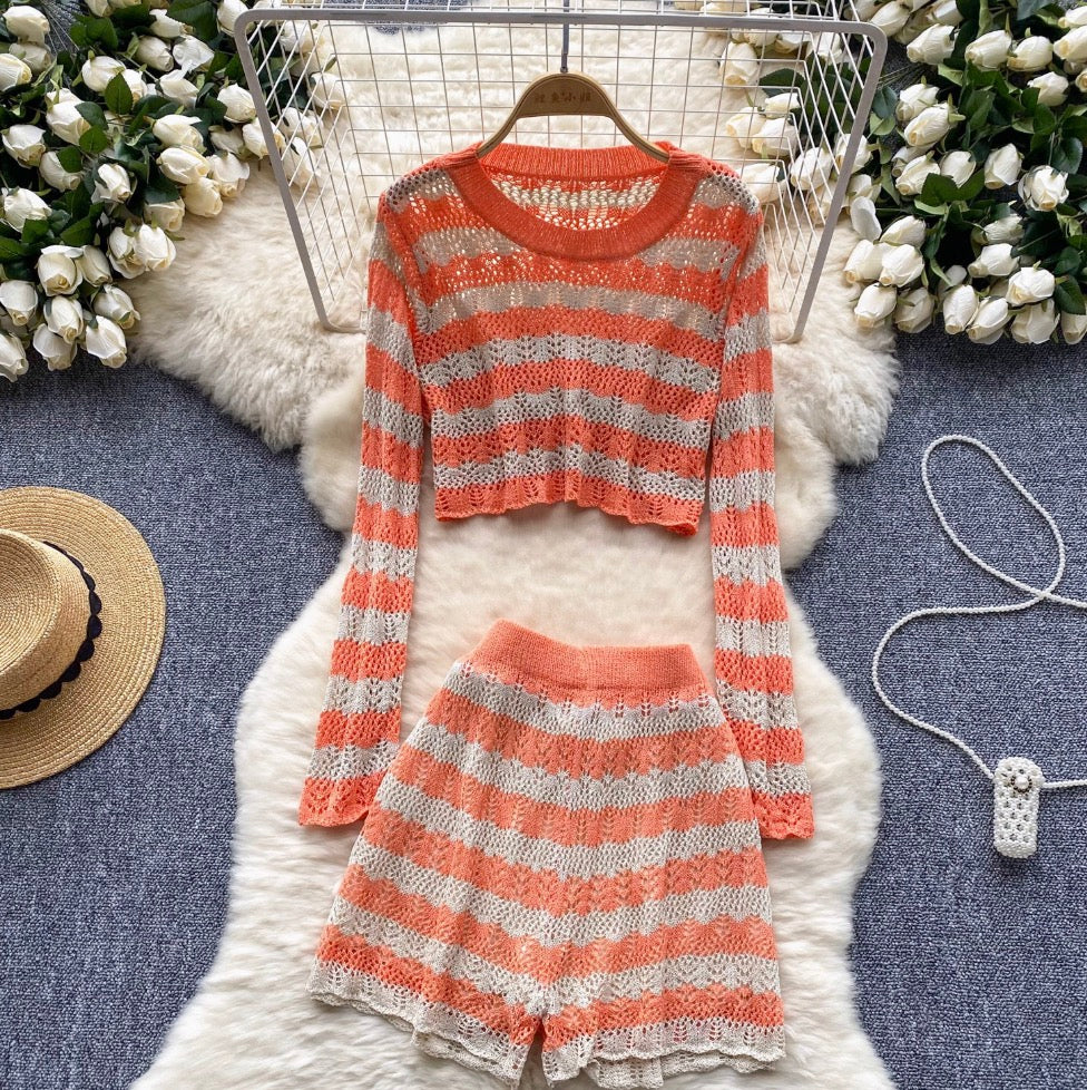 Striped Hollowed Knitwear & Shorts 2Pcs