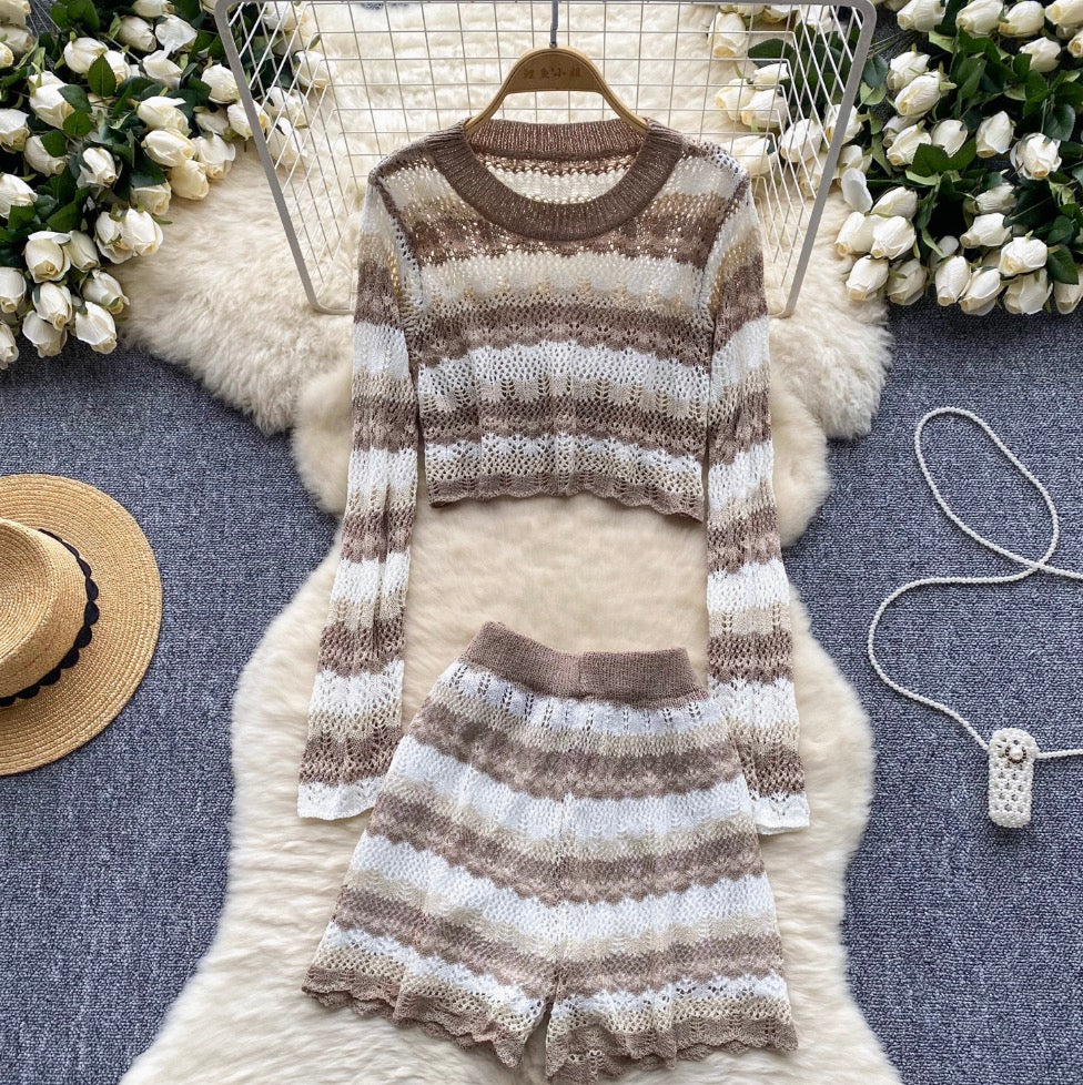 Striped Hollowed Knitwear & Shorts 2Pcs