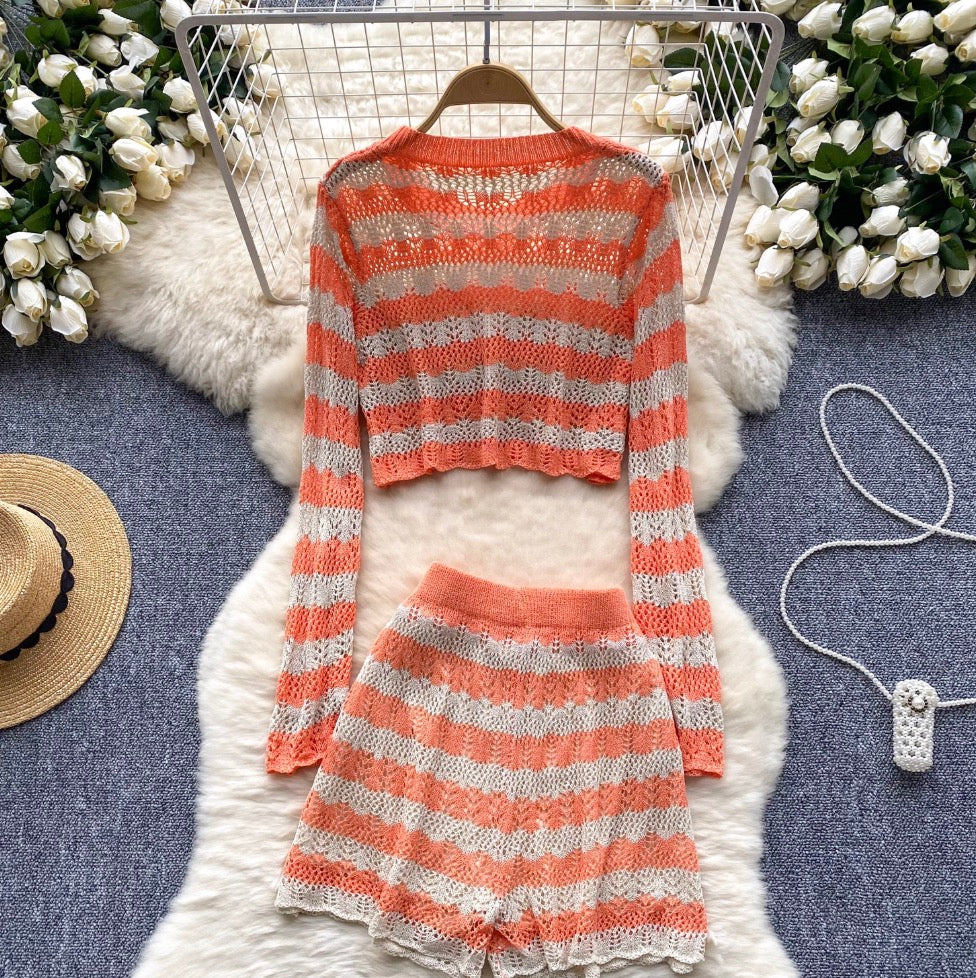 Striped Hollowed Knitwear & Shorts 2Pcs
