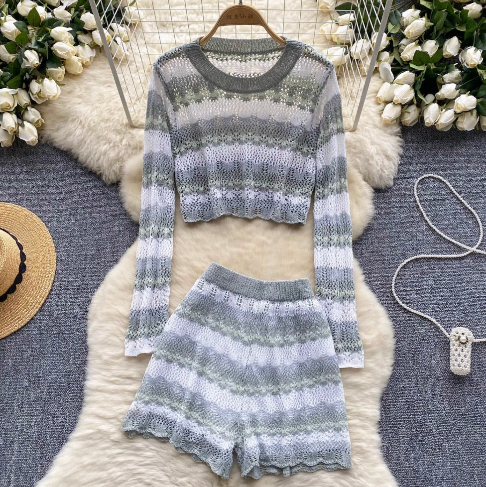 Striped Hollowed Knitwear & Shorts 2Pcs
