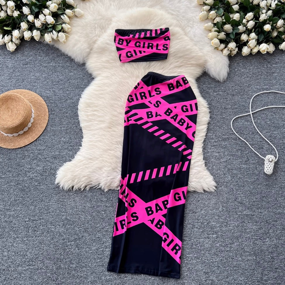 Letter Printed Tank Top & Skirt 2Pcs