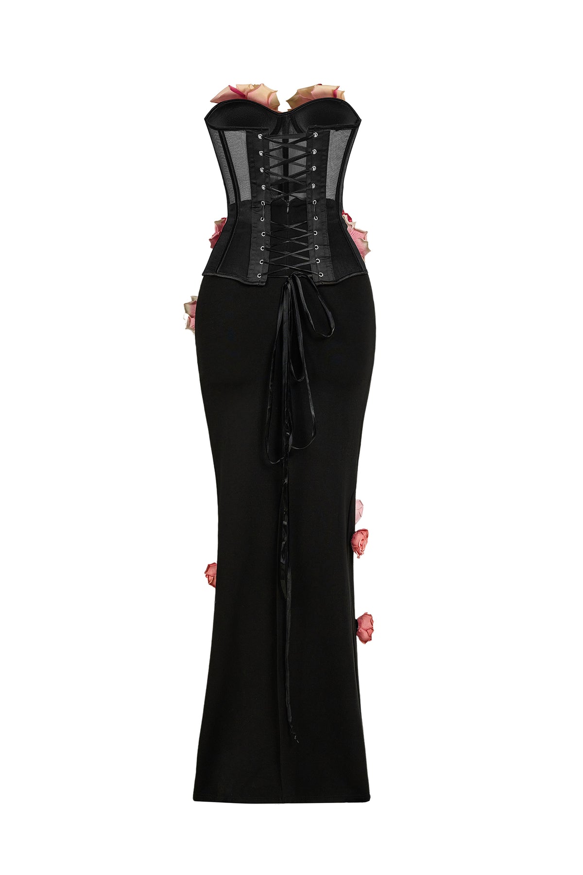 Mesh 3D Flower Off-Shoulder Top & High Waist Maxi Skirt