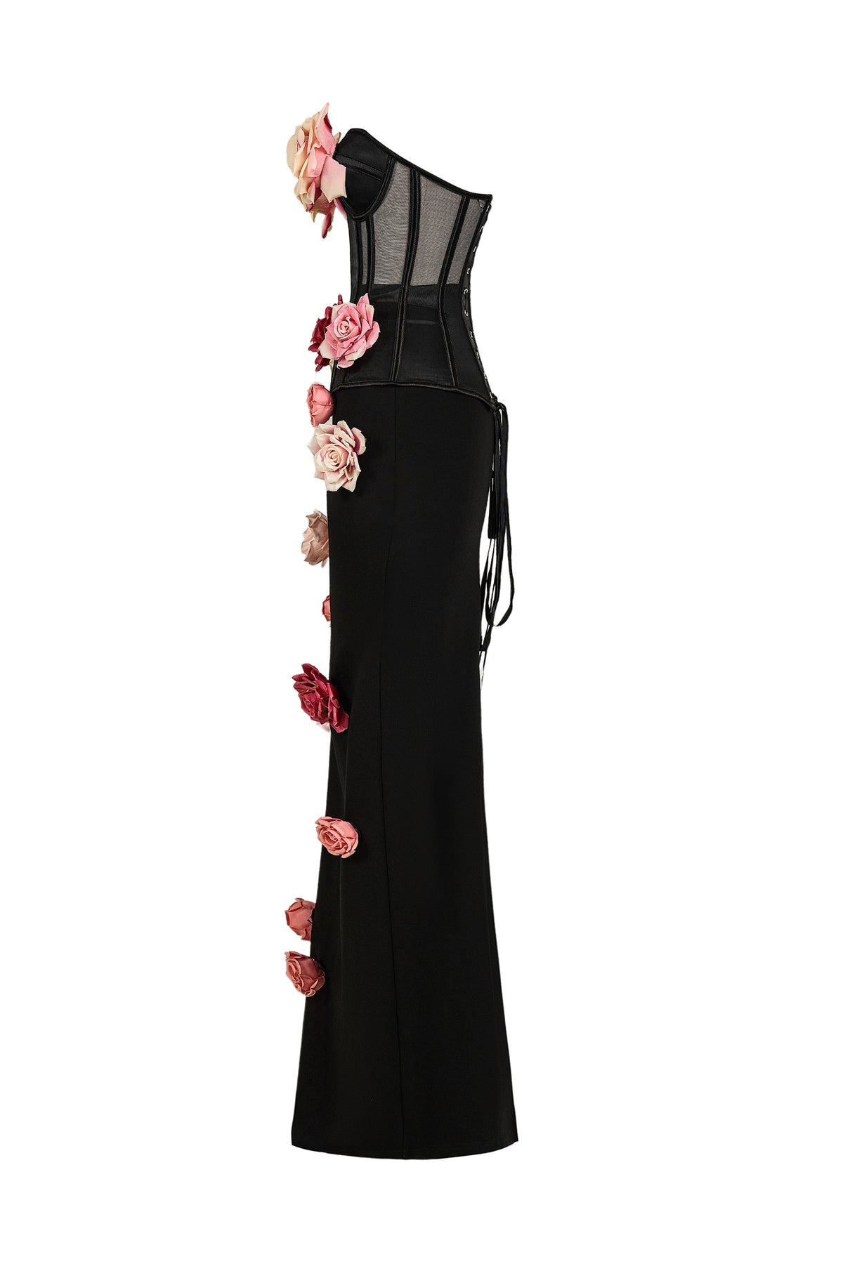 Mesh 3D Flower Off-Shoulder Top & High Waist Maxi Skirt