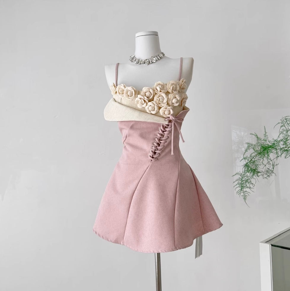 3d Floral Patchwork Pink Slip Dress