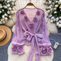 V-neck Flared Sleeve Mesh Shirt