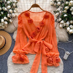 V-neck Flared Sleeve Mesh Shirt