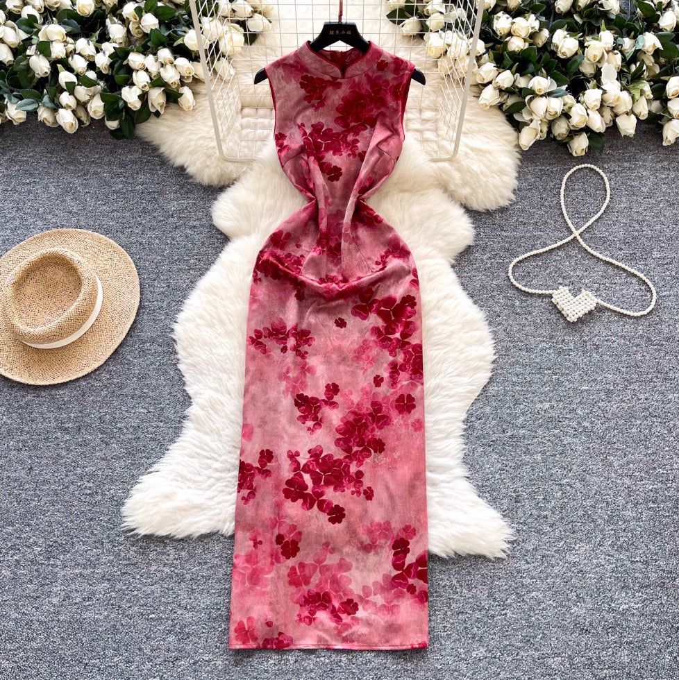 Vintage Floral Printed Split Cheongsam