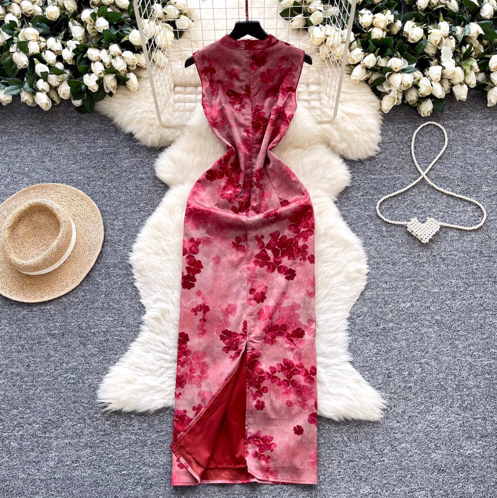 Vintage Floral Printed Split Cheongsam