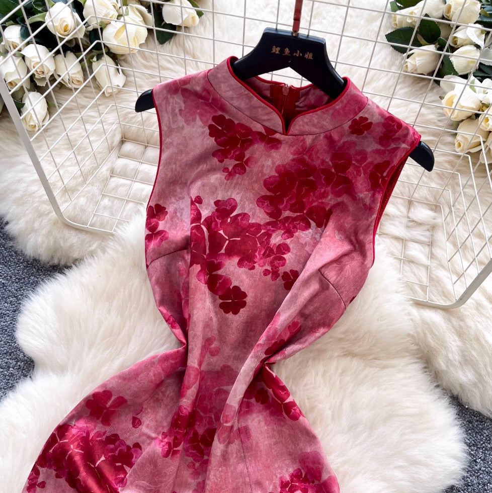 Vintage Floral Printed Split Cheongsam