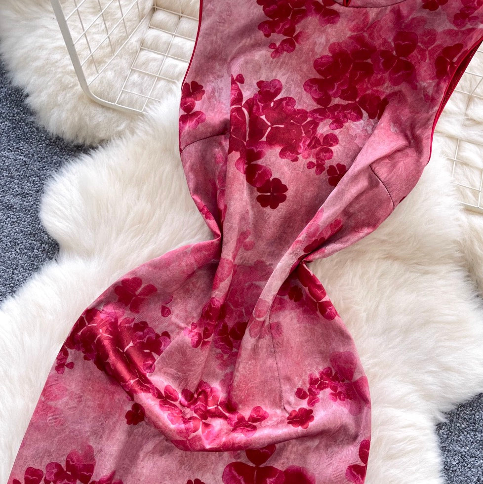 Vintage Floral Printed Split Cheongsam