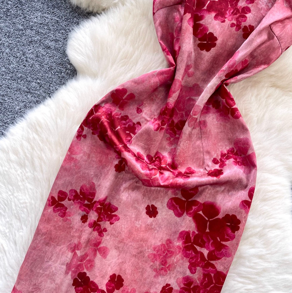 Vintage Floral Printed Split Cheongsam