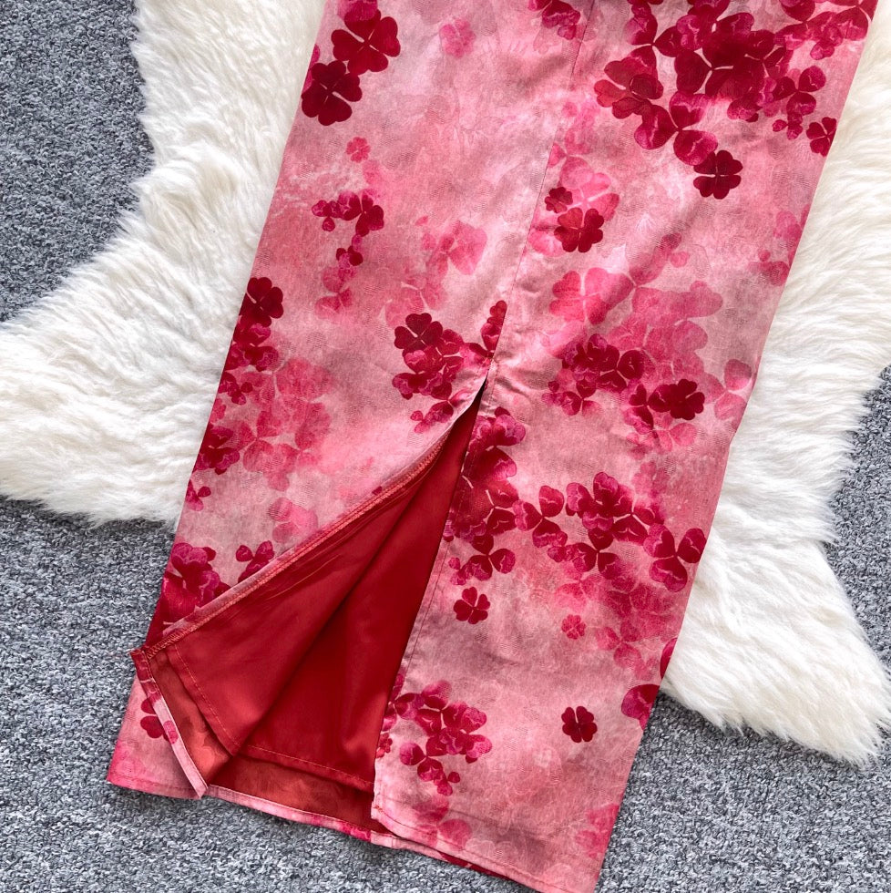 Vintage Floral Printed Split Cheongsam
