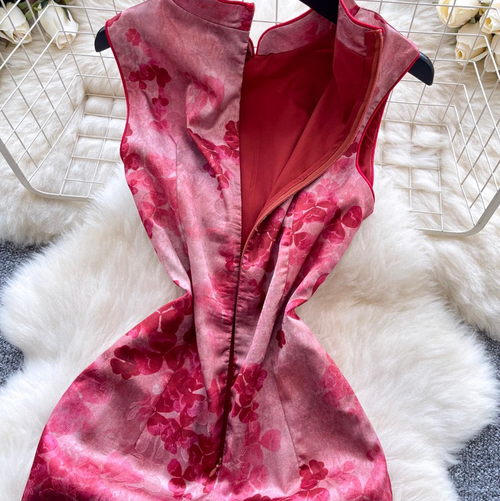 Vintage Floral Printed Split Cheongsam