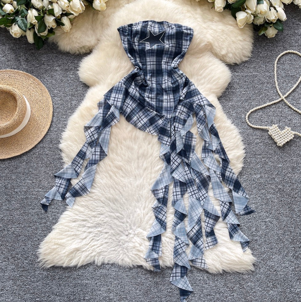 Chic Off-shoulder Asymmetric Plaid Top