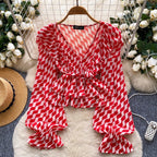 Cross V-neck Pattern Printed Top