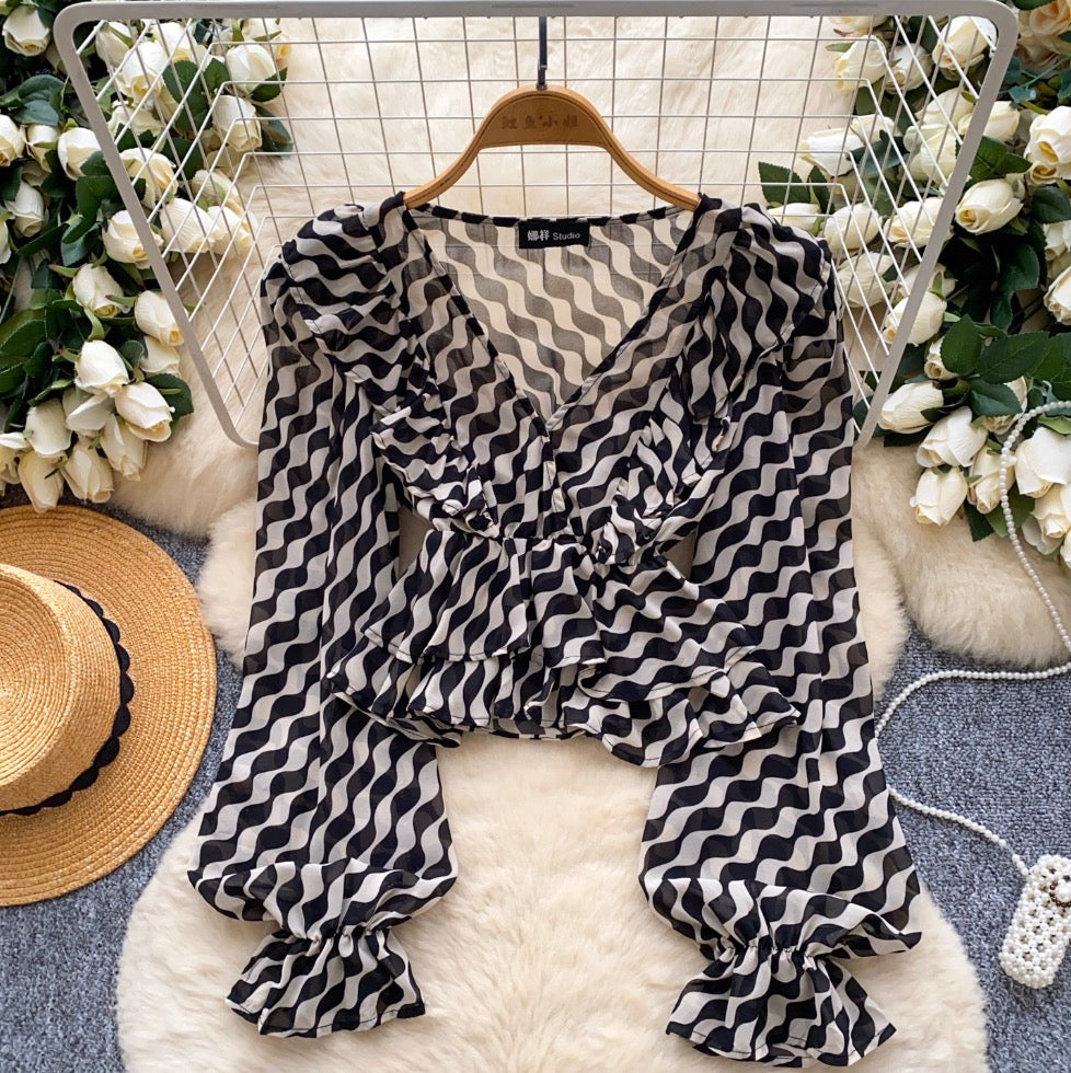 Cross V-neck Pattern Printed Top