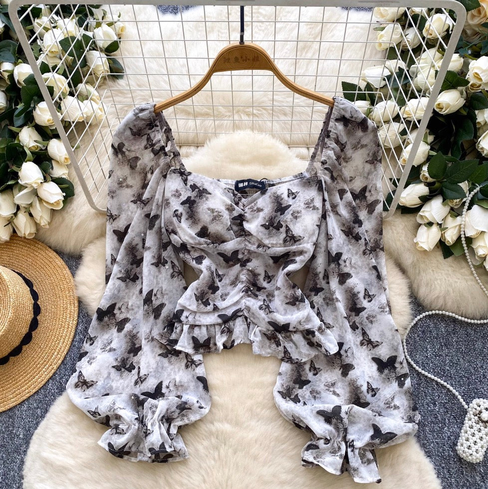 Square Neckline Printed Chiffon Shirt
